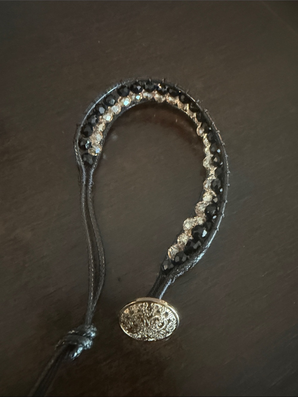 Crystal-Trim Black Hair Tie with Decorative Button - Women's Hair Accessory